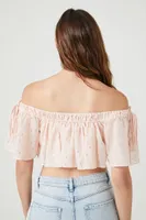 Women's Off-the-Shoulder Polka Dot Crop Top in Nude Pink, XL