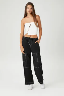 Women's Poplin Contrast-Seam Cargo Pants in Black/White Medium