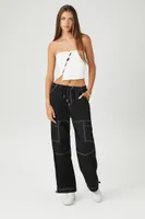 Women's Poplin Contrast-Seam Cargo Pants in Black/White Medium