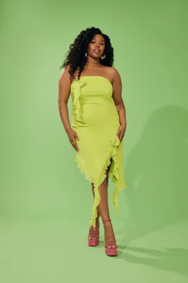 Women's Rosette Ruffle Mini Dress in Acid Green, 2X