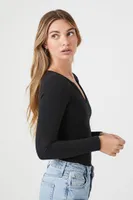 Women's Split-Neck Long-Sleeve Bodysuit in Black Small