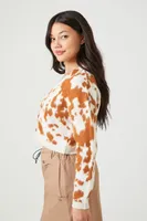 Women's Cropped Cow Print Cardigan Sweater in Brown Small