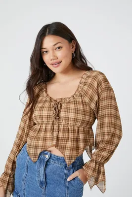 Women's Plaid Handkerchief Crop Top in Brown Medium