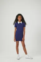 Girls Ribbed Knit Combo Dress (Kids) in Blue/White, 7/8