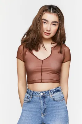 Women's Sheer Mesh Seamed Crop Top in Brown Medium