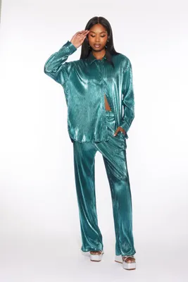 Women's Ribbed Metallic Shirt & Pants Set in Teal Small