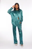 Women's Ribbed Metallic Shirt & Pants Set in Teal Small