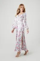 Women's Satin Floral Print Midi Dress in White/Pink Small