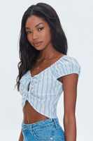 Women's Striped Linen-Blend Cutout Crop Top in White/Blue Medium