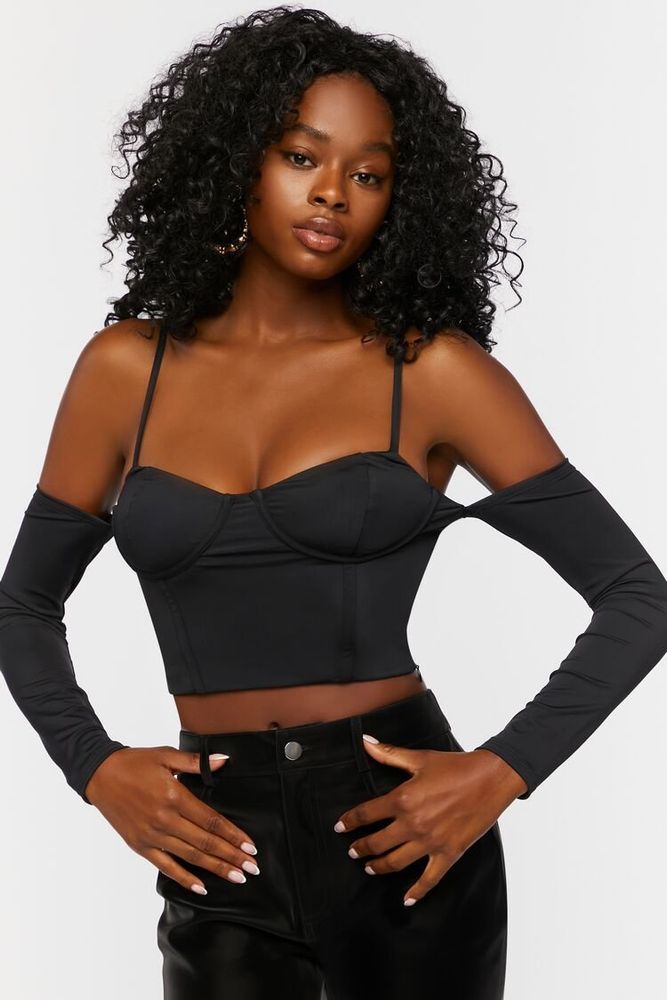 Forever 21 Women's Bustier Open-Shoulder Crop Top in Black Small
