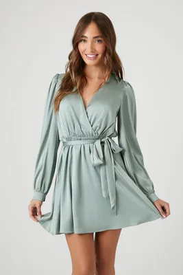 Women's Satin Mock Wrap Mini Dress in Green Haze Small