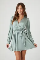 Women's Satin Mock Wrap Mini Dress in Green Haze Small