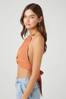 Women's Knotted Halter Crop Top in Sienna, XL