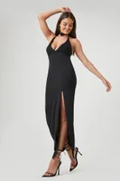 Women's Cutout Halter Slit Midi Dress in Black Small