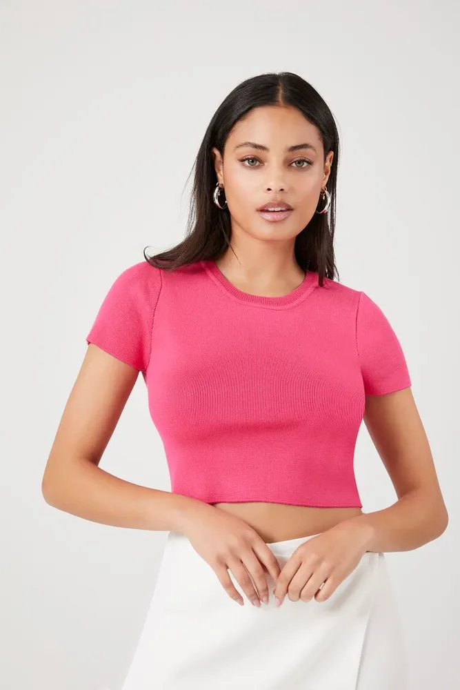 Women's Sweater-Knit Cropped T-Shirt in Pink, XS