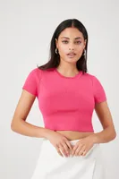 Women's Sweater-Knit Cropped T-Shirt in Pink, XS