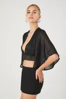 Women's Plunging Kimono-Sleeve Crop Top in Black Medium