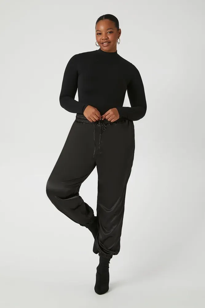 Women's Satin Joggers in Black, 0X