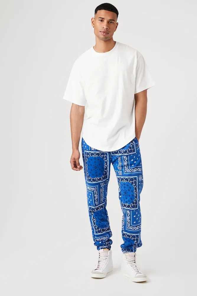 Men Paisley Print Joggers in Blue Large