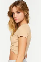 Women's Ruched Short-Sleeve Crop Top in Taupe, M/L