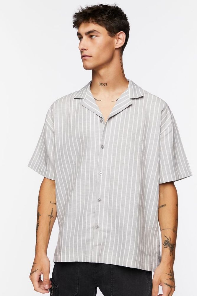 Men Pinstriped Linen-Blend Shirt in Grey/Cream, XXL