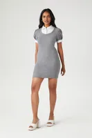 Women's Puff-Sleeve Combo Mini Shirt Dress in Heather Grey/White Large