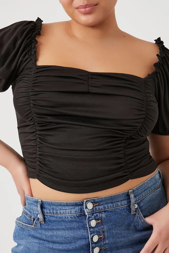 Women's Ruched Puff-Sleeve Crop Top