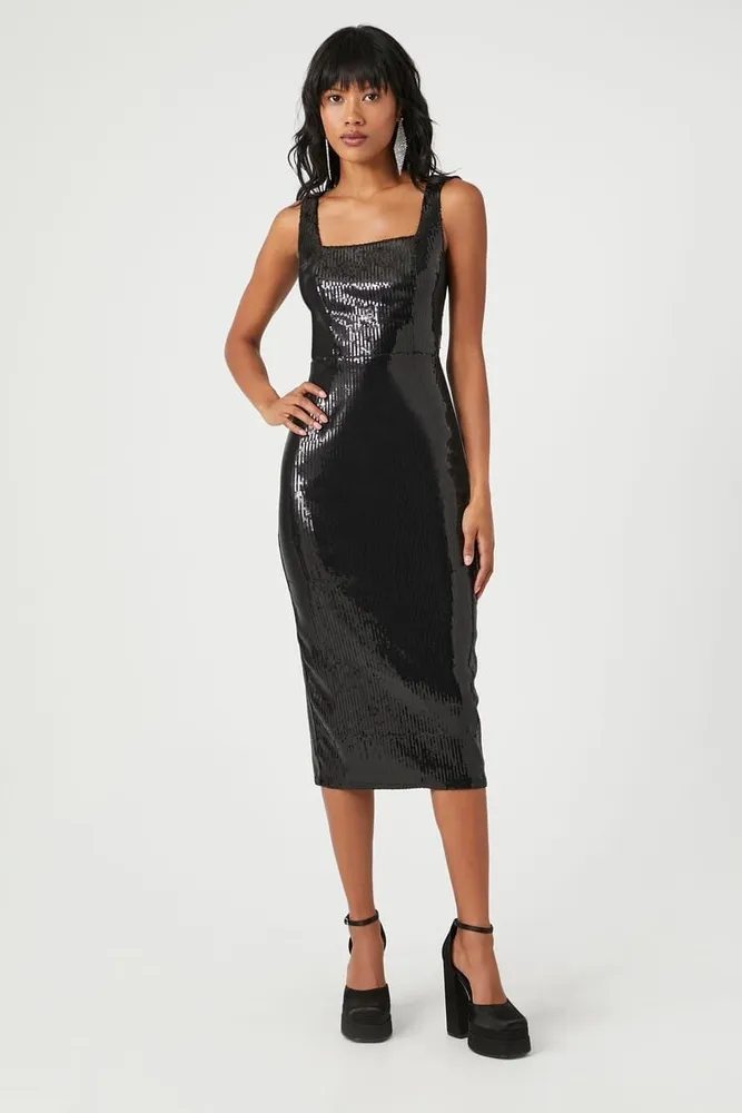 Women's Sequin Slit Midi Dress in Black, XS