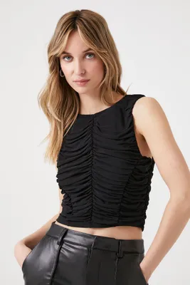 Women's Mesh Ruched Crop Top in Black, XL