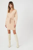 Women's Surplice Long-Sleeve Sweater Dress in Taupe, XL