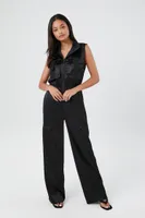 Women's Satin Zip-Up Utility Jumpsuit Small