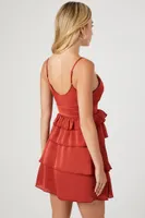 Women's Tiered Satin Babydoll Dress in Brick Large