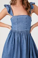 Women's Denim Ruffle-Strap Mini Dress in Medium Denim