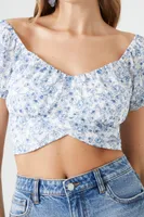 Women's Floral Surplice Tie-Back Crop Top in White Large