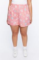 Women's Floral Print Paperbag Shorts in Pink, 0X