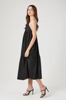 Women's Tiered Poplin Cami Midi Dress in Black, XS