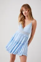 Women's Plunging Lace-Back Ruffled Dress in Light Blue Medium