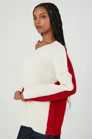 Women's Ribbed Knit Colorblock Sweater in Vanilla/Red, XS