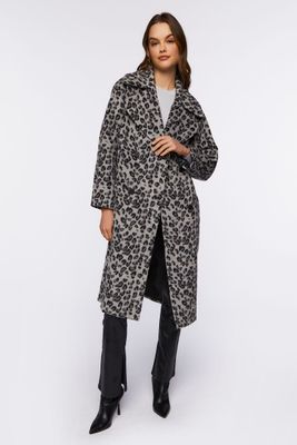 Women's Leopard Print Duster Coat Grey