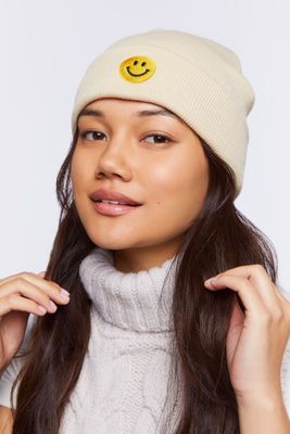 Embroidered Happy Face Beanie in Oatmeal