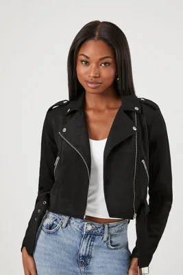 Women's Faux Suede Cropped Moto Jacket in Black Small