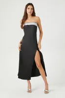 Women's Satin Rhinestone Maxi Slip Dress in Black/Silver, XS