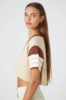 Women's Striped Cropped T-Shirt in Cream/Brown Small