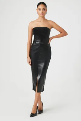 Women's Faux Leather Tube Midi Dress Black