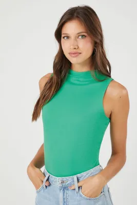 Women's Ribbed Knit Mock-Neck Bodysuit in Green Large