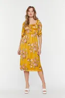 Women's Chiffon Floral Print Midi Dress in Yellow, XS