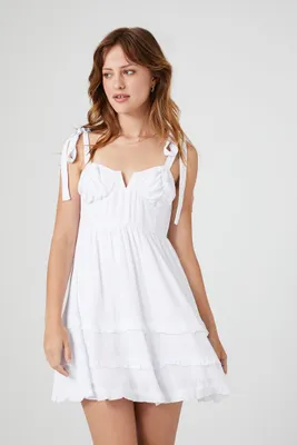 Women's Tie-Strap Tiered Babydoll Dress in White Medium