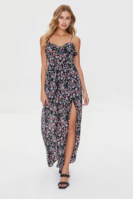 Women's Floral Print Sweetheart Maxi Dress in Black Small