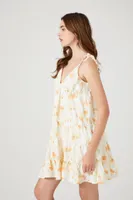 Women's Floral Print Tassel Mini Dress in Ivory Medium