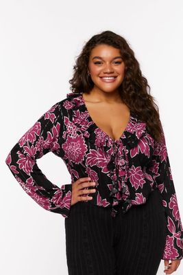 Women's Floral Ruffled Split-Hem Top in Black, 1X